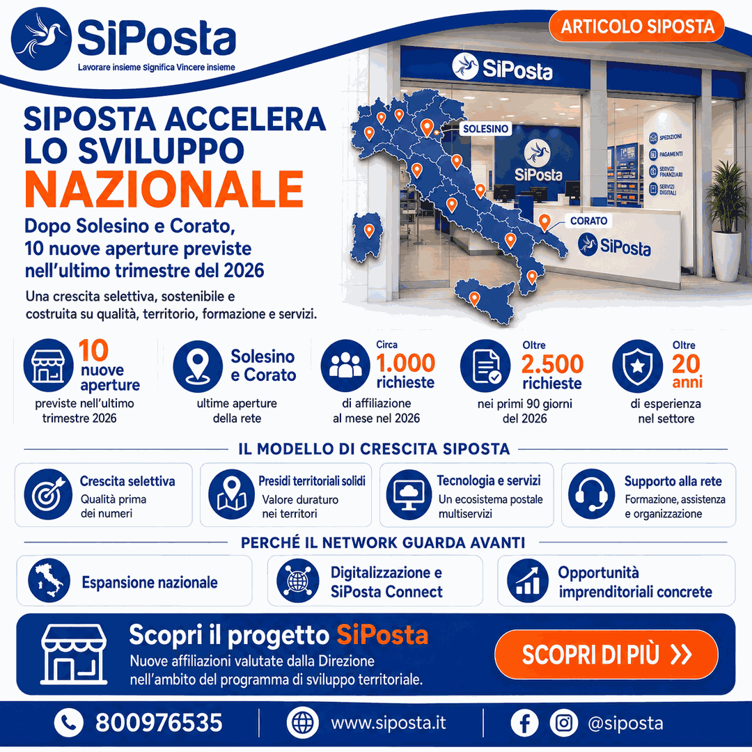 Franchising poste private: SiPosta prepara 10 nuove aperture nell&rsquo;ultimo trimestre 2026
